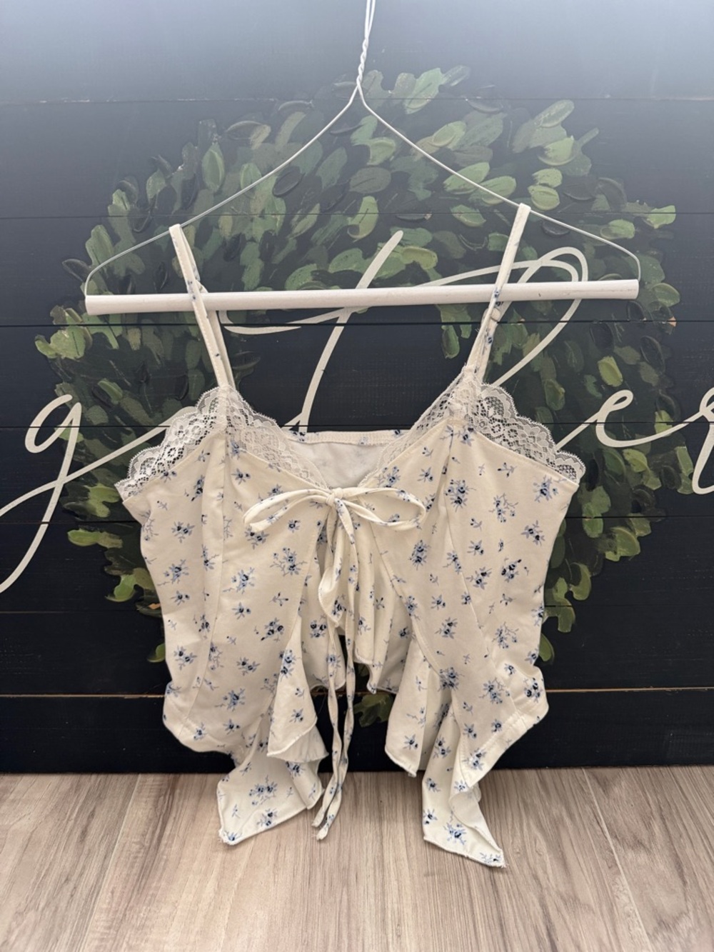 SHEIN Cream Cami with Blue Floral Print and Lace Trim